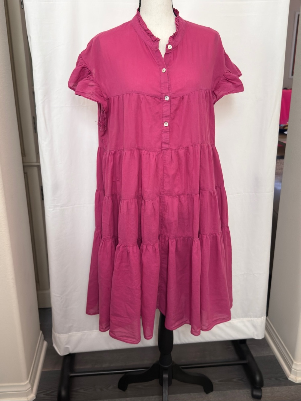 Papinelle Women's Tiered Short-Sleeve Dress in Fuchsia size L 100% soft cotton